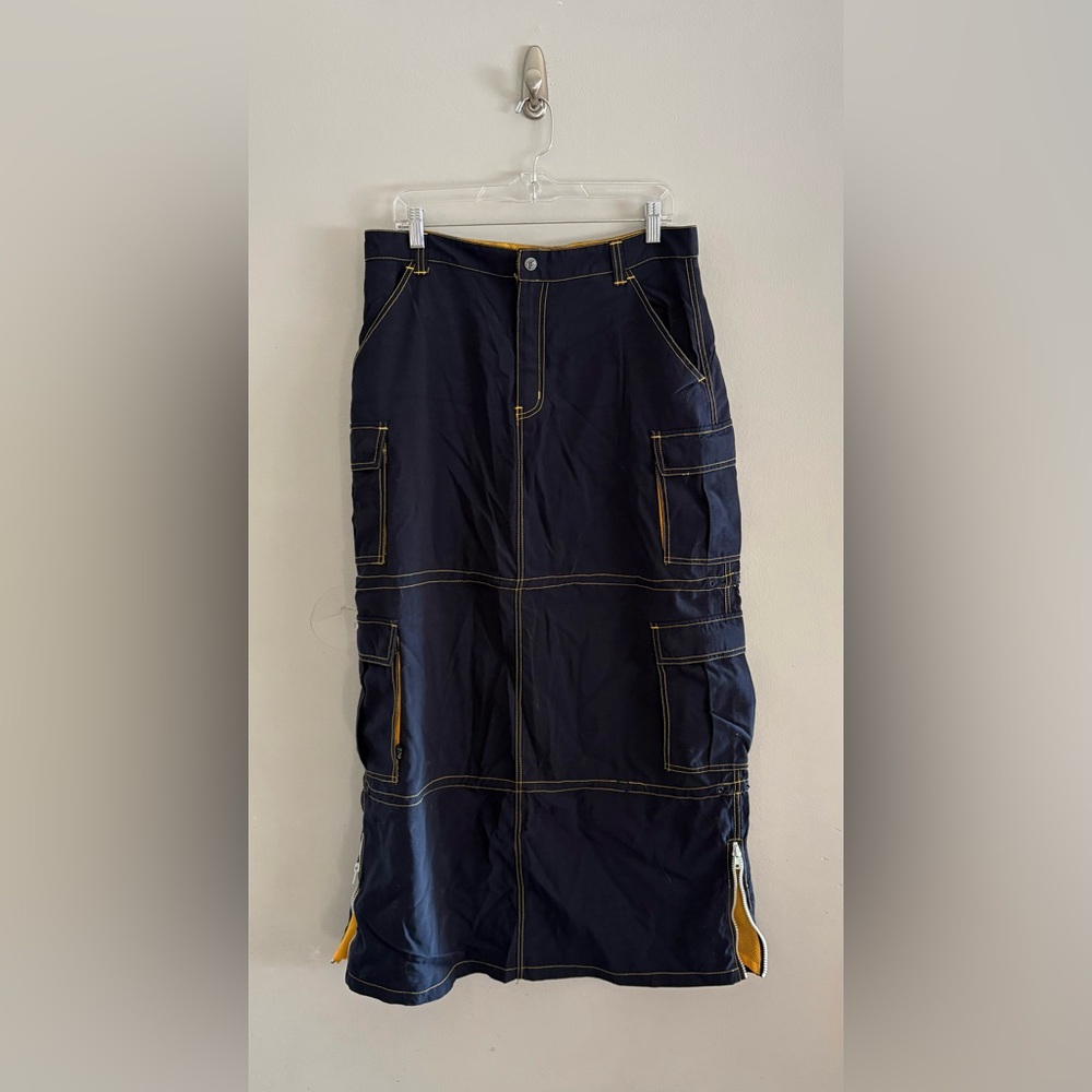 MacGirl Vintage Y2K Rave EDM Full Length Cargo Skirt Navy Yellow | Size L